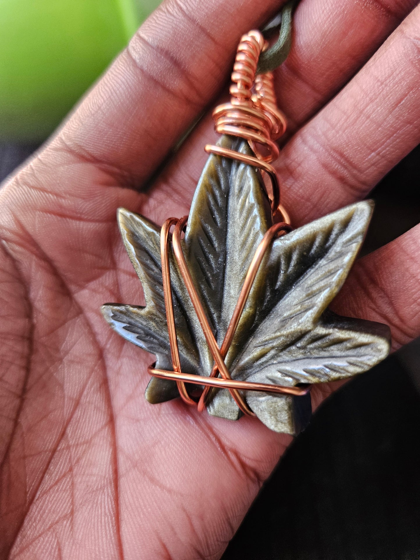 Copper Wrapped - Golden Sheen Obsidian Marijuana leaf