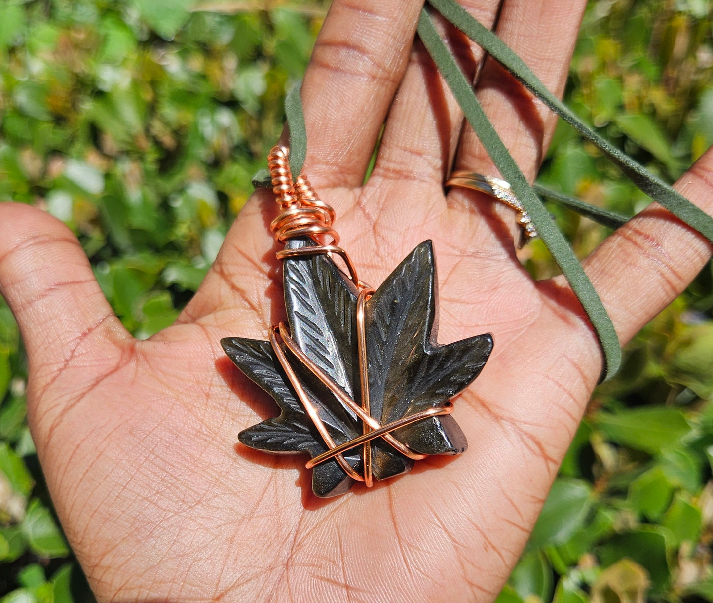 Copper Wrapped - Golden Sheen Obsidian Marijuana leaf