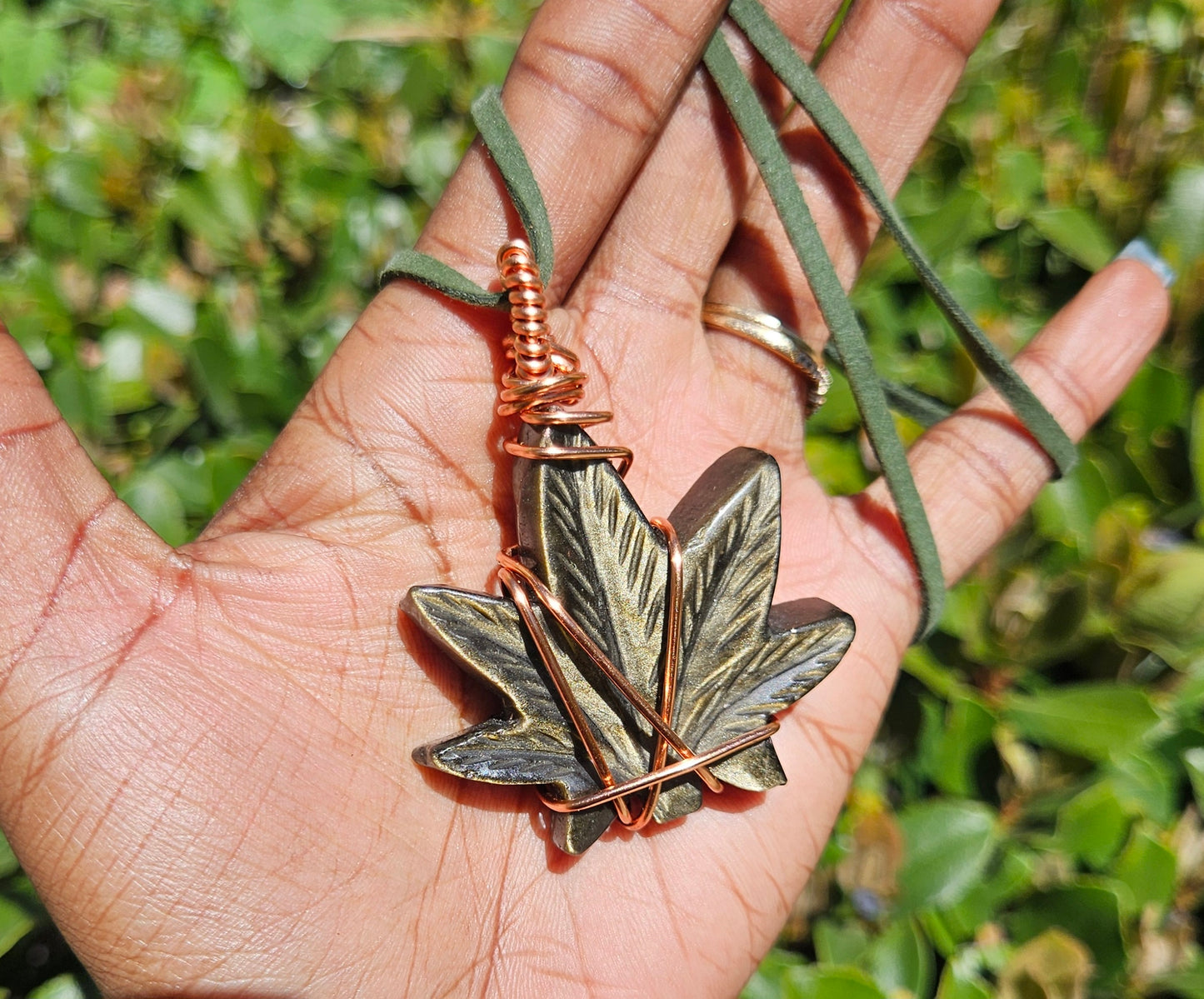 Copper Wrapped - Golden Sheen Obsidian Marijuana leaf