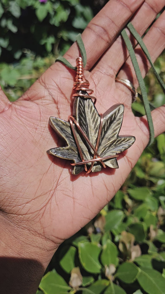 Copper Wrapped - Golden Sheen Obsidian Marijuana leaf